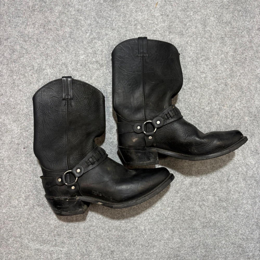 Sage Mens Black Leather Harness Biker Boots Pointed Toe Western Stacked Heel